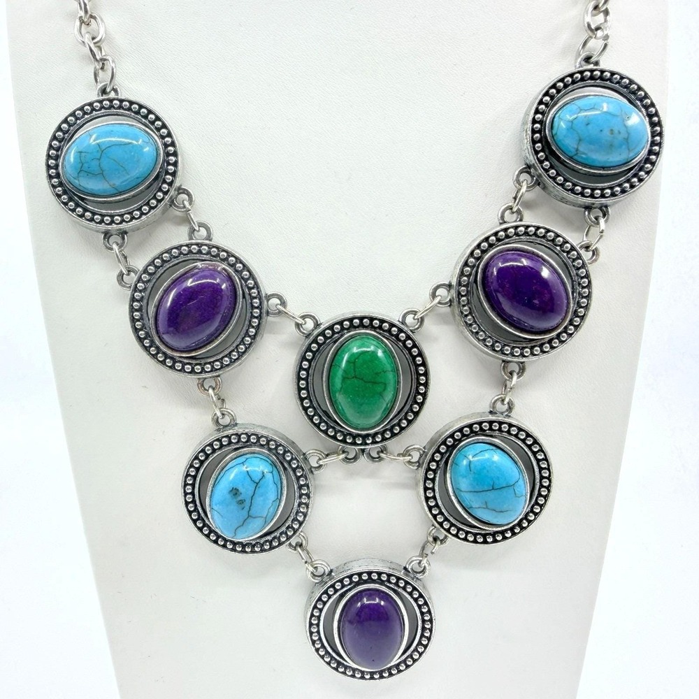 VTG‎ Faux Turquoise Bib Necklace Silver Tone Purple Green Chunky Statement Boho